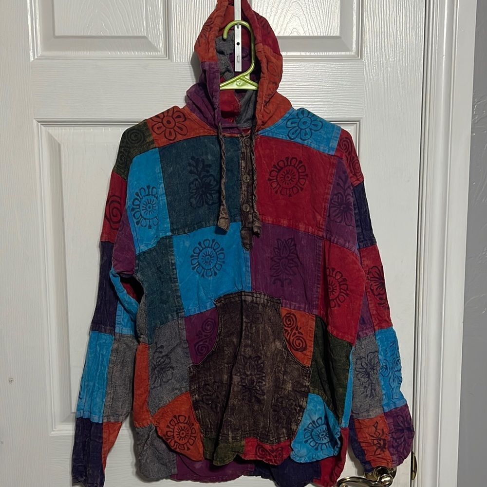 🔥🔥 Vintage Patchwork Cotton Boho Hippie Aztec Lightweight Hoodie - Women’s Lg